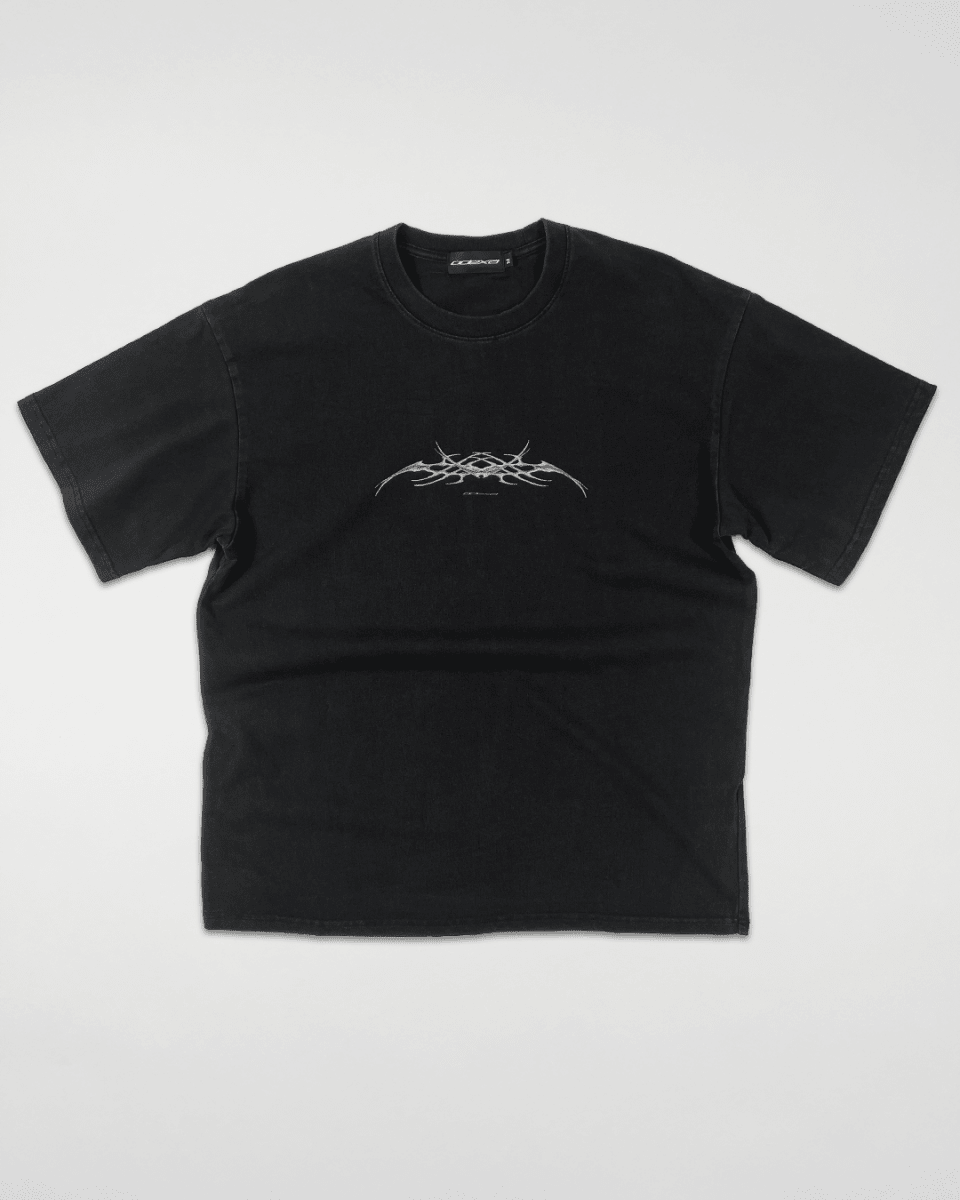 Black Chrome Sigil vintage tee with chrome sigil print, front view