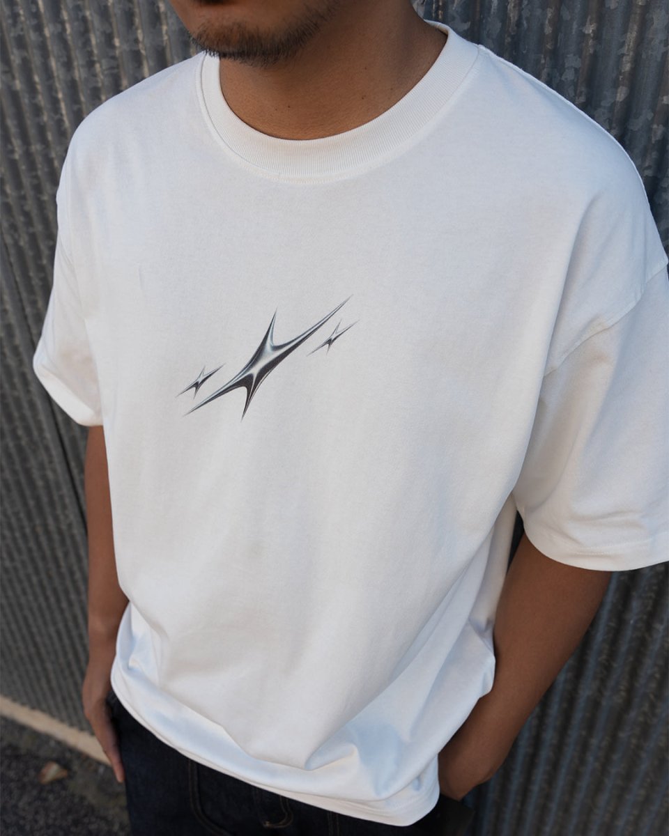 Model wearing white Chrome Stars vintage tee