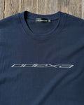 Navy heavyweight tee with white ODEXA logo print, flat lay