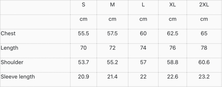 Measurement chart for clothing sizes S to 2XL with centimeter values.