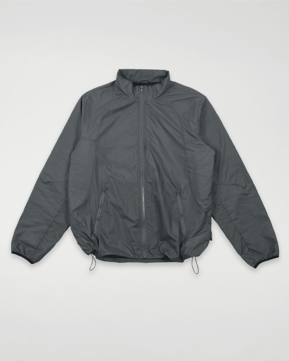 Slate green lined windbreaker spray jacket, front view