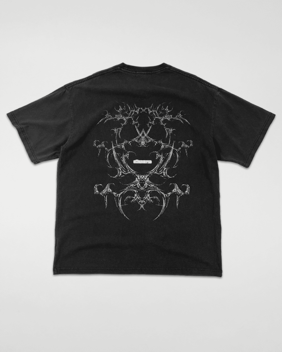 Black Bone vintage tee with tribal bone back print, back view