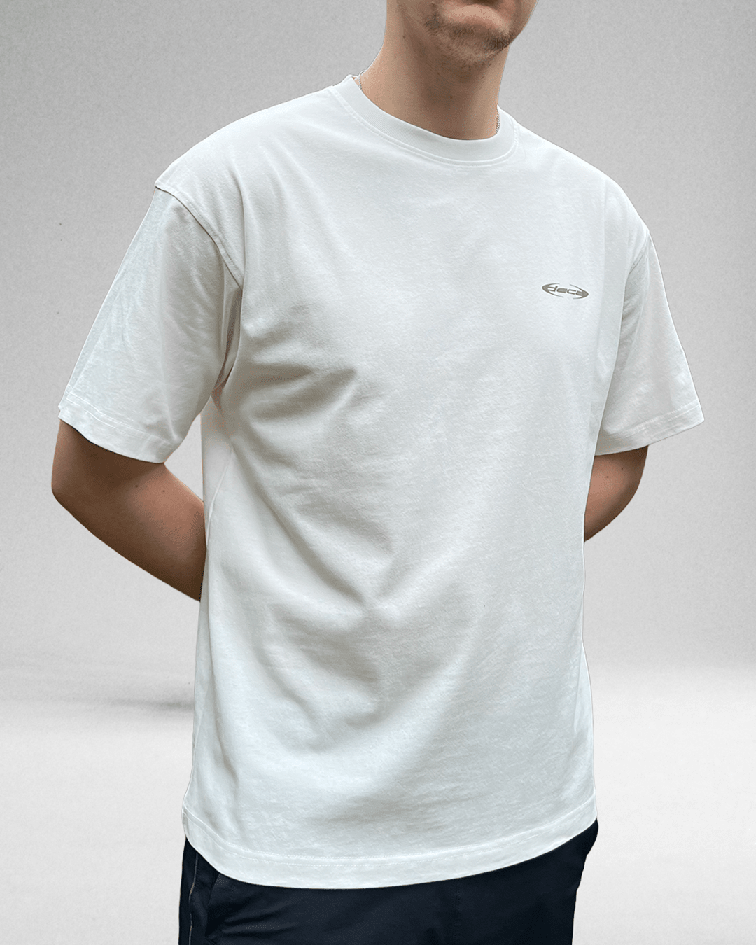 Model wearing white Blue Wave vintage tee, front view