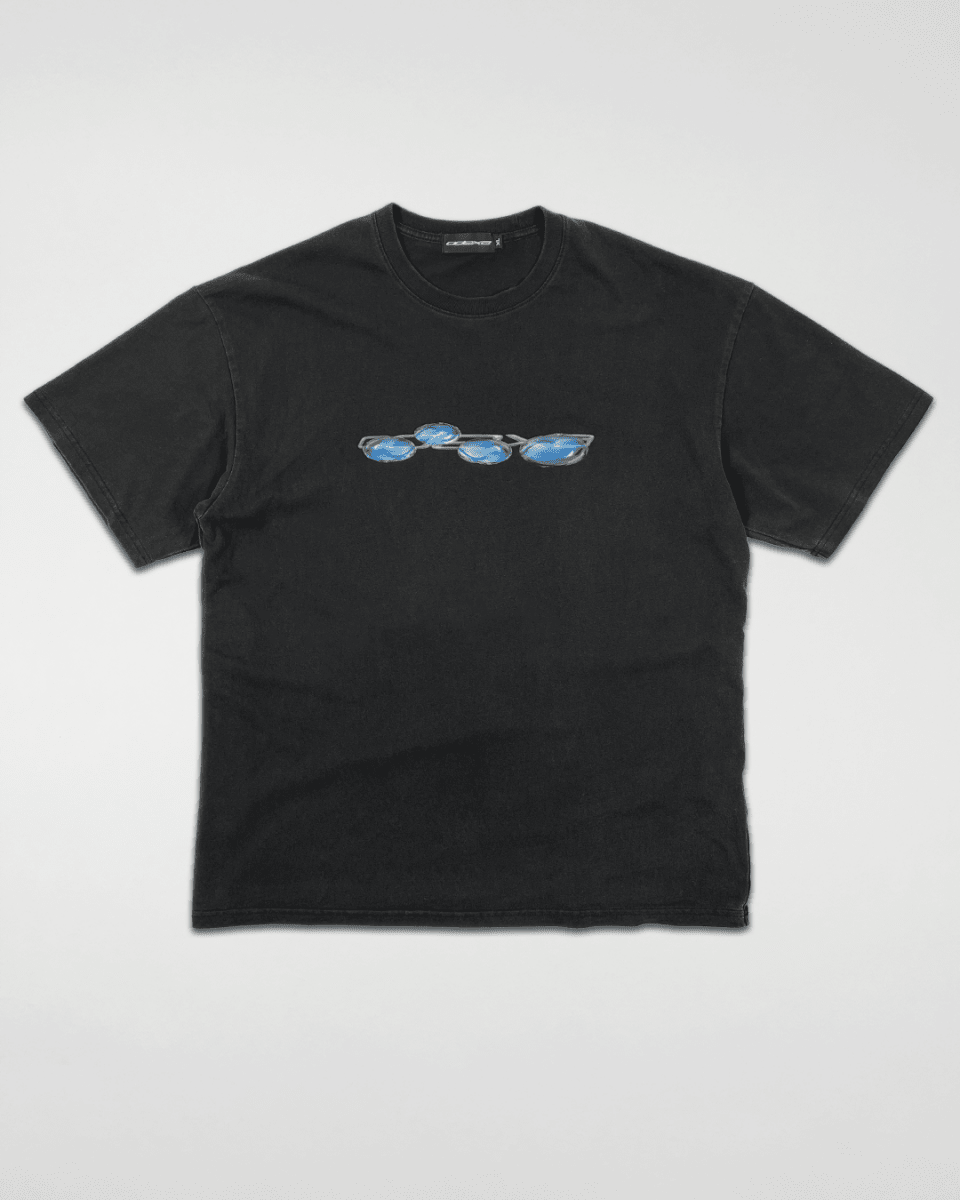 Black Liquid Logo vintage tee with blue chrome logo, front view