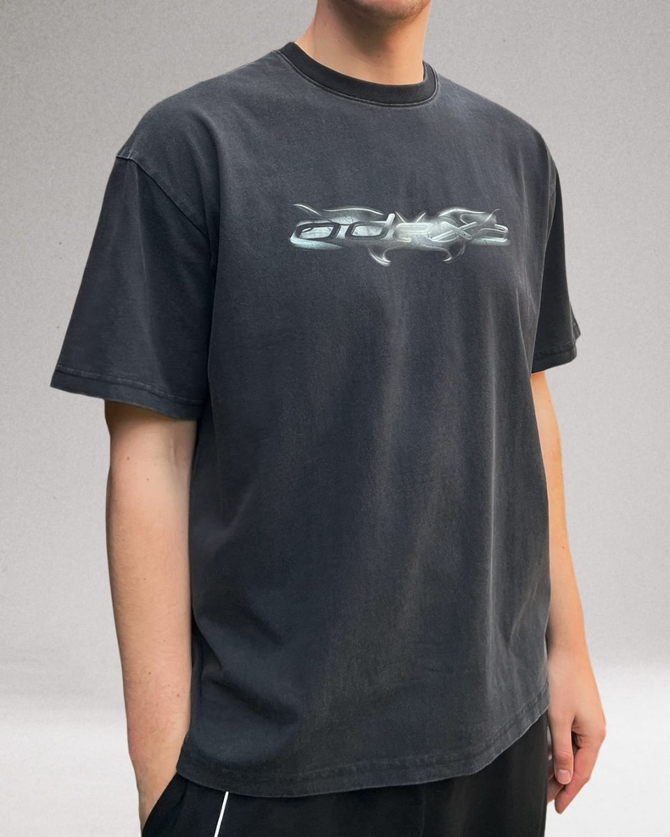 Model wearing washed black Chrome Logo vintage tee