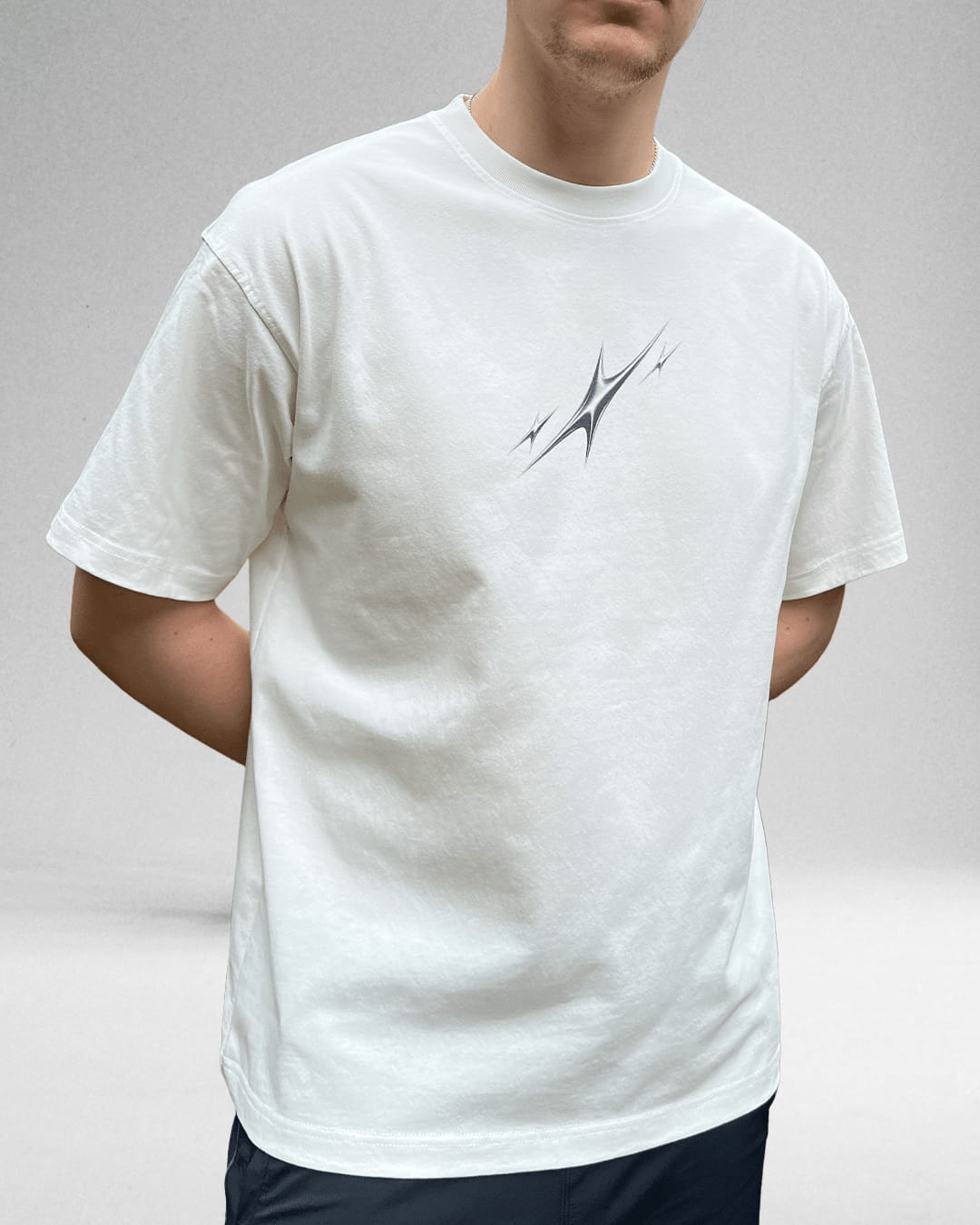 Model wearing white Chrome Stars vintage tee, front view