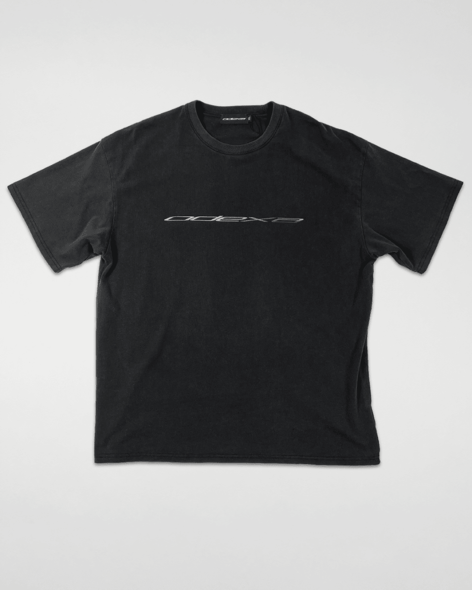 Black Metallic Logo vintage tee with chrome logo, front view