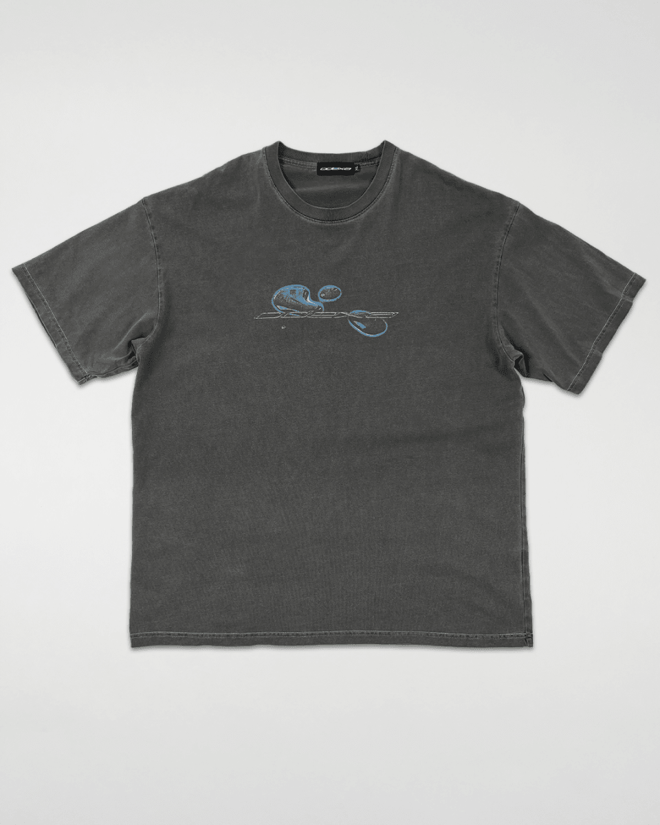 Washed grey Comic Logo vintage tee with blue logo, front view