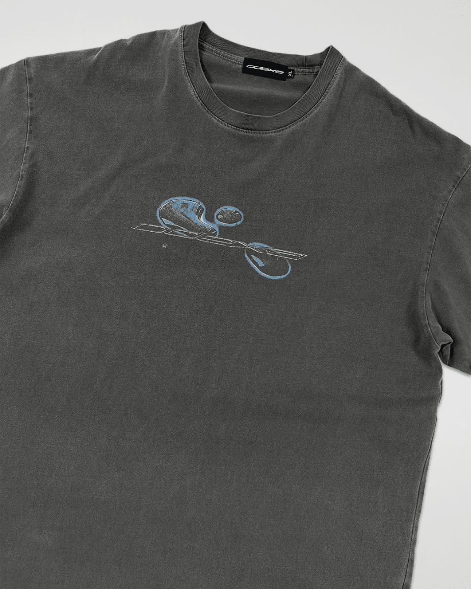 Washed grey Comic Logo vintage tee, close front view
