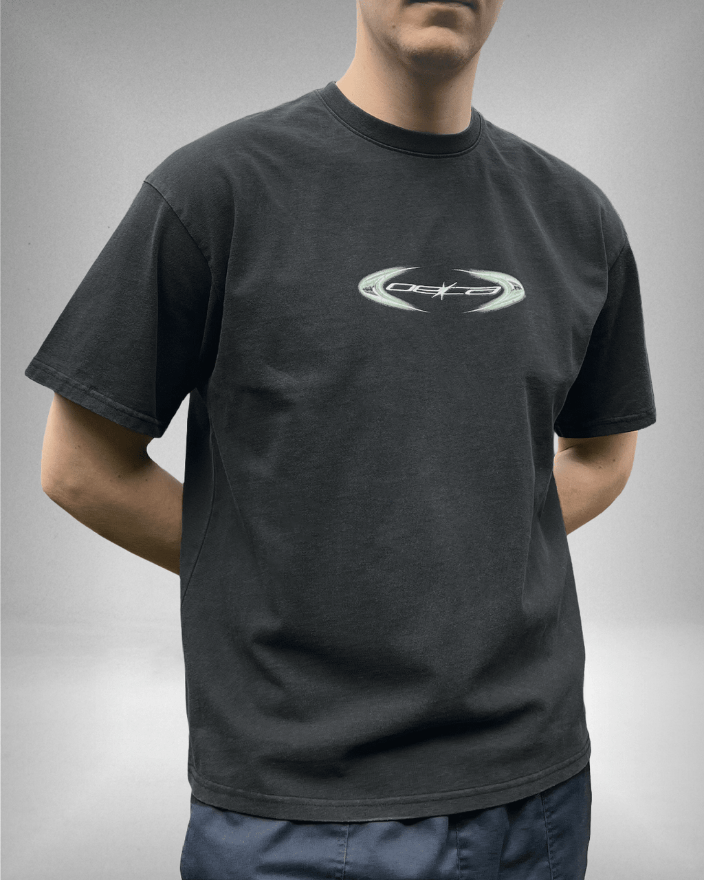 Model wearing washed black Copper Logo vintage tee