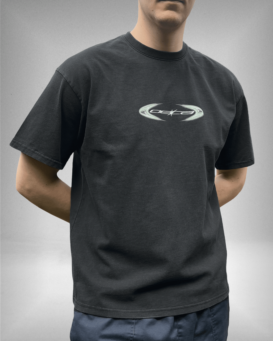 Model wearing washed black Copper Logo vintage tee