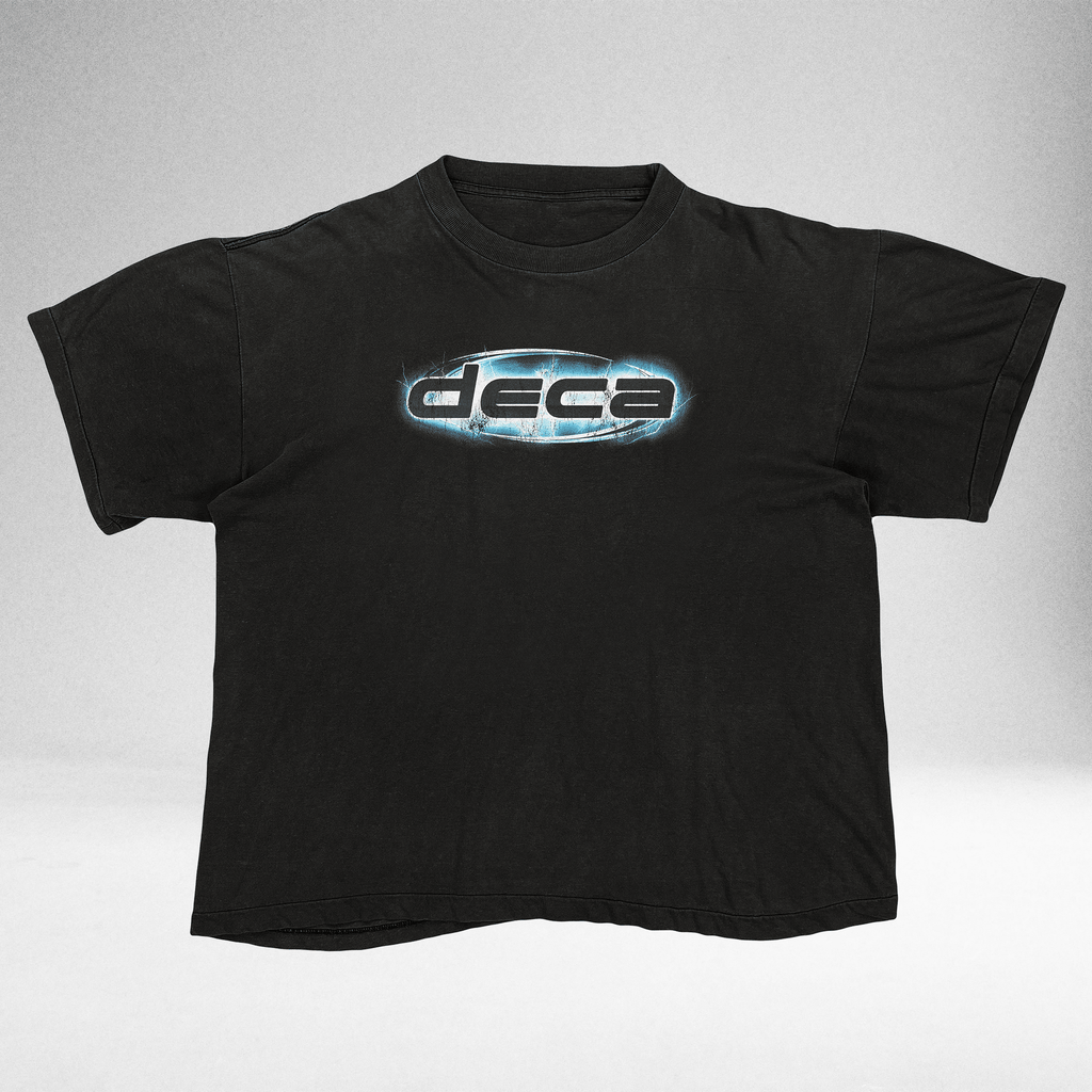 Black Shock Logo vintage tee with blue chrome DECA logo, front view