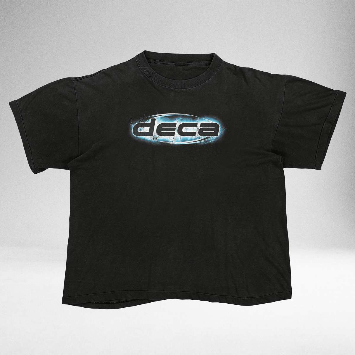 Black Shock Logo vintage tee with blue chrome DECA logo, front view