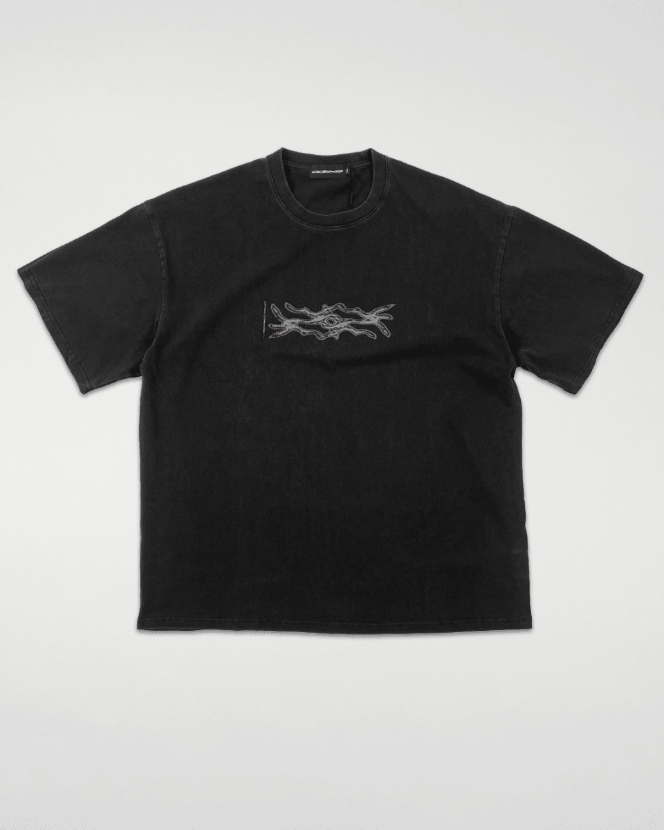 Black Digital Decay vintage tee with tribal print, front view