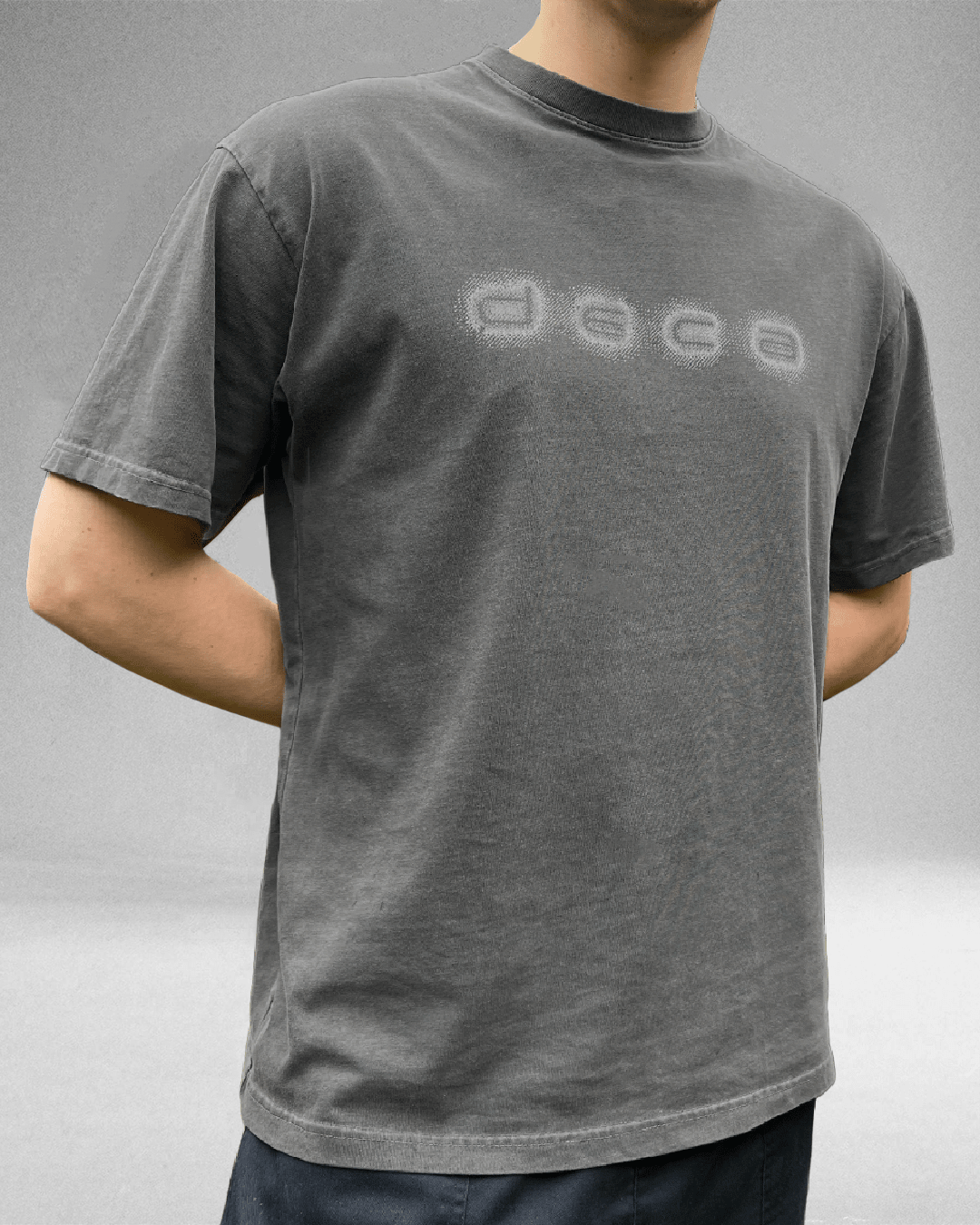 Model wearing grey Grey Decay Logo vintage tee