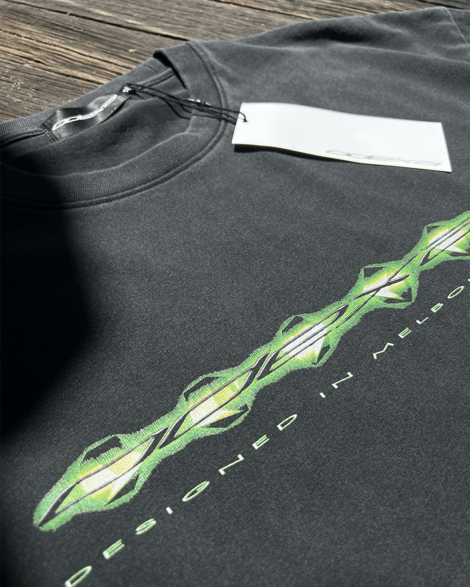 Washed black Green Digital Logo vintage tee, angled view
