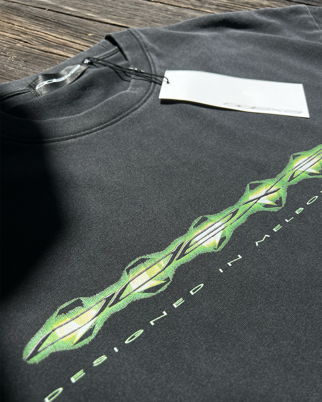 Washed black Green Digital Logo vintage tee, angled view