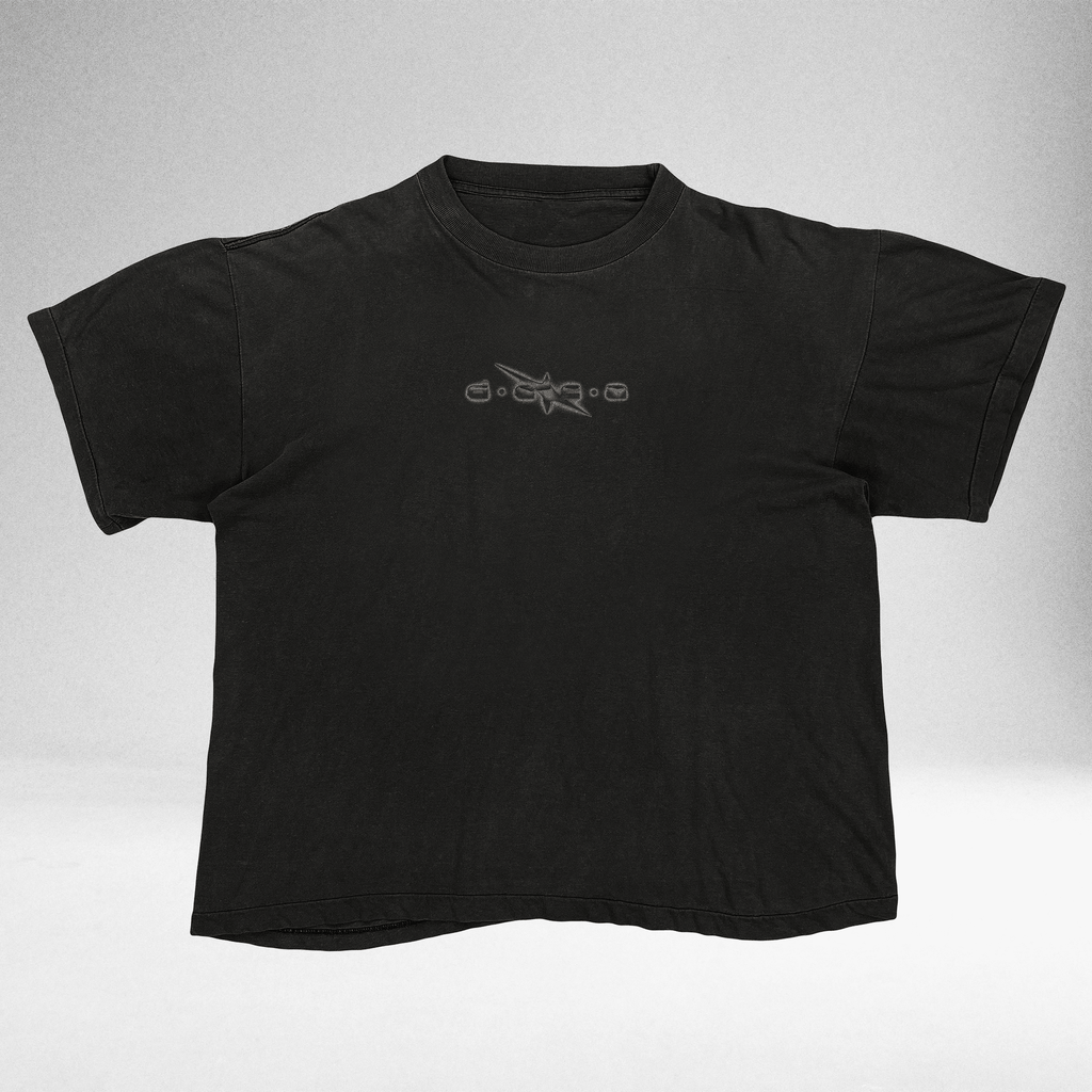 Black Grunge Logo vintage tee with small chest logo, front view