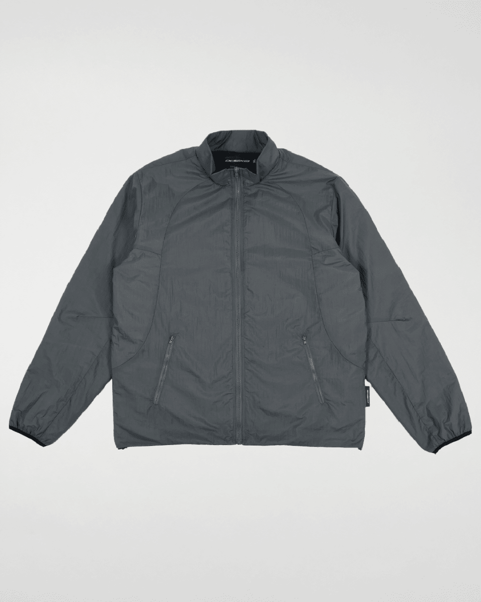 Slate green lined windbreaker jacket, back view