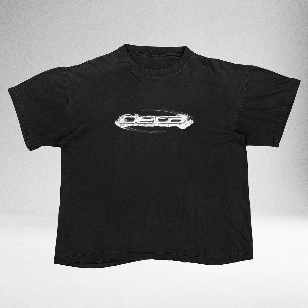 Black Opal Logo vintage tee with chrome oval logo, front view