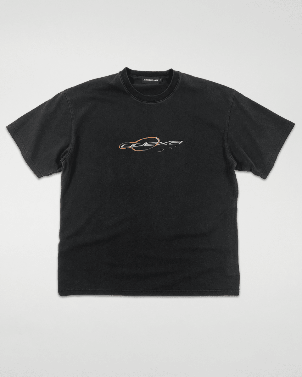 Black Orange Bubble vintage tee with orange ring logo, front view