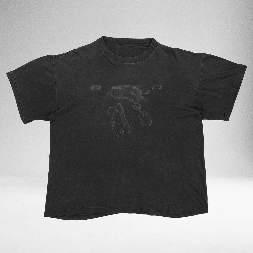 Black Grunge Planet vintage tee with tonal planet print, front view