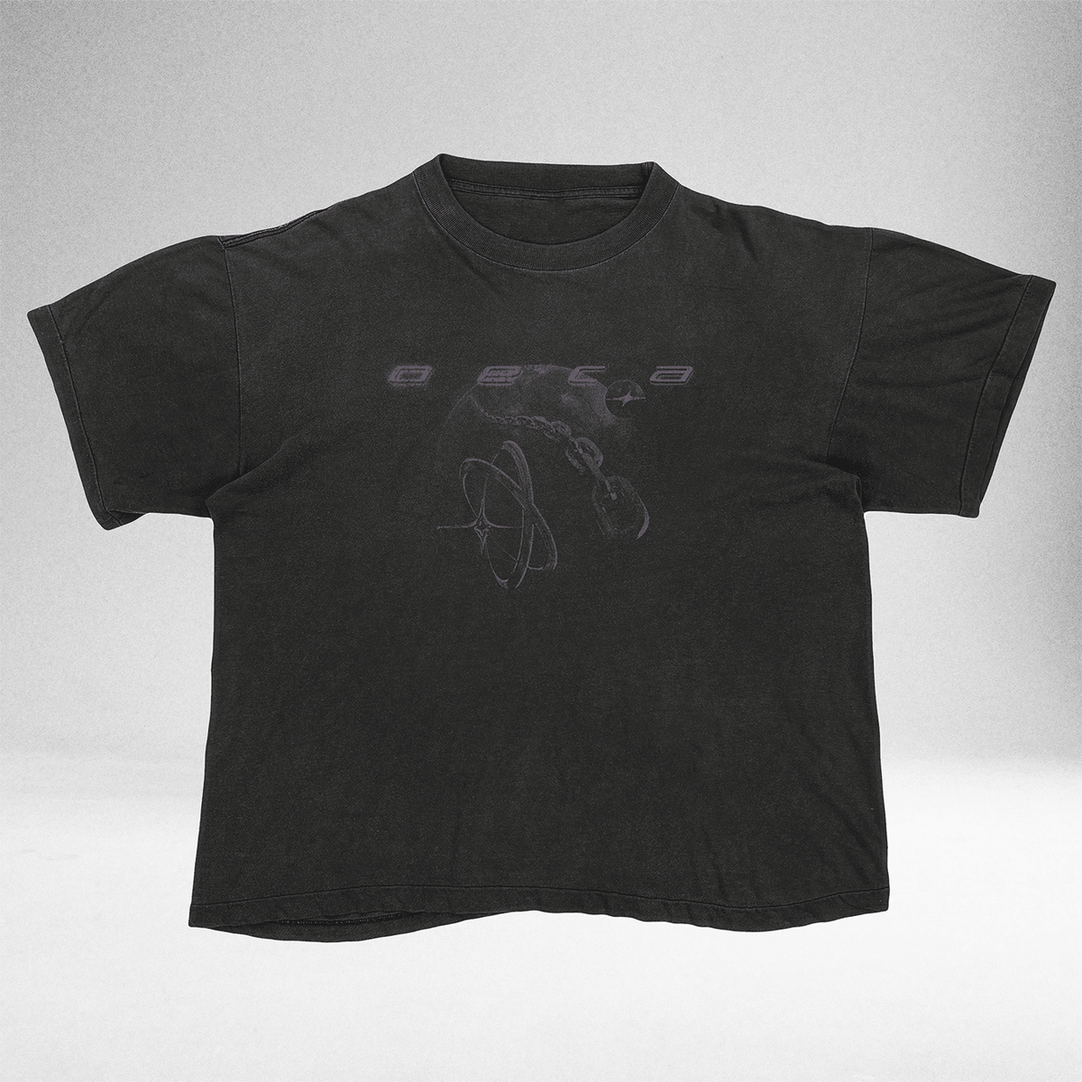 Black Grunge Planet vintage tee with tonal planet print, front view