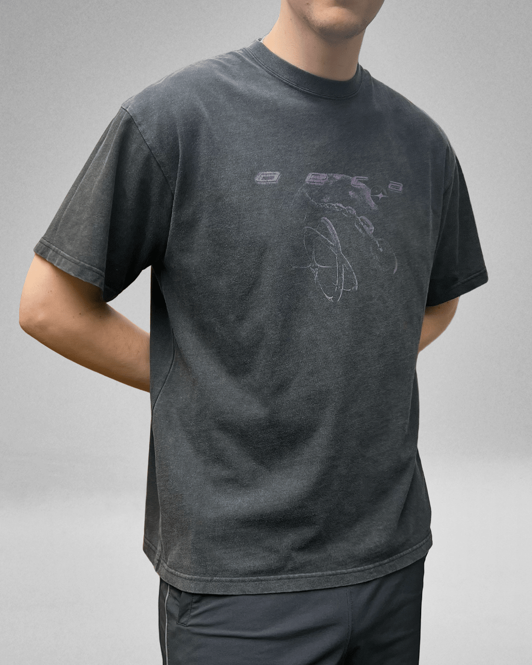 Model wearing washed black Grunge Planet vintage tee
