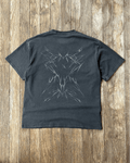 Washed black vintage tee with tribal Sharp back print, flat lay