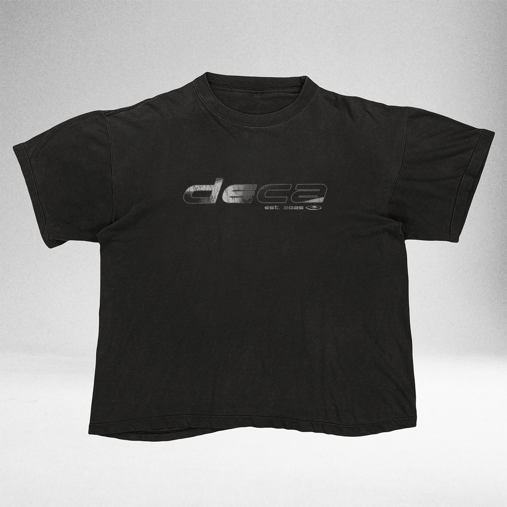 Black Silver Logo vintage tee with chrome DECA logo, front view