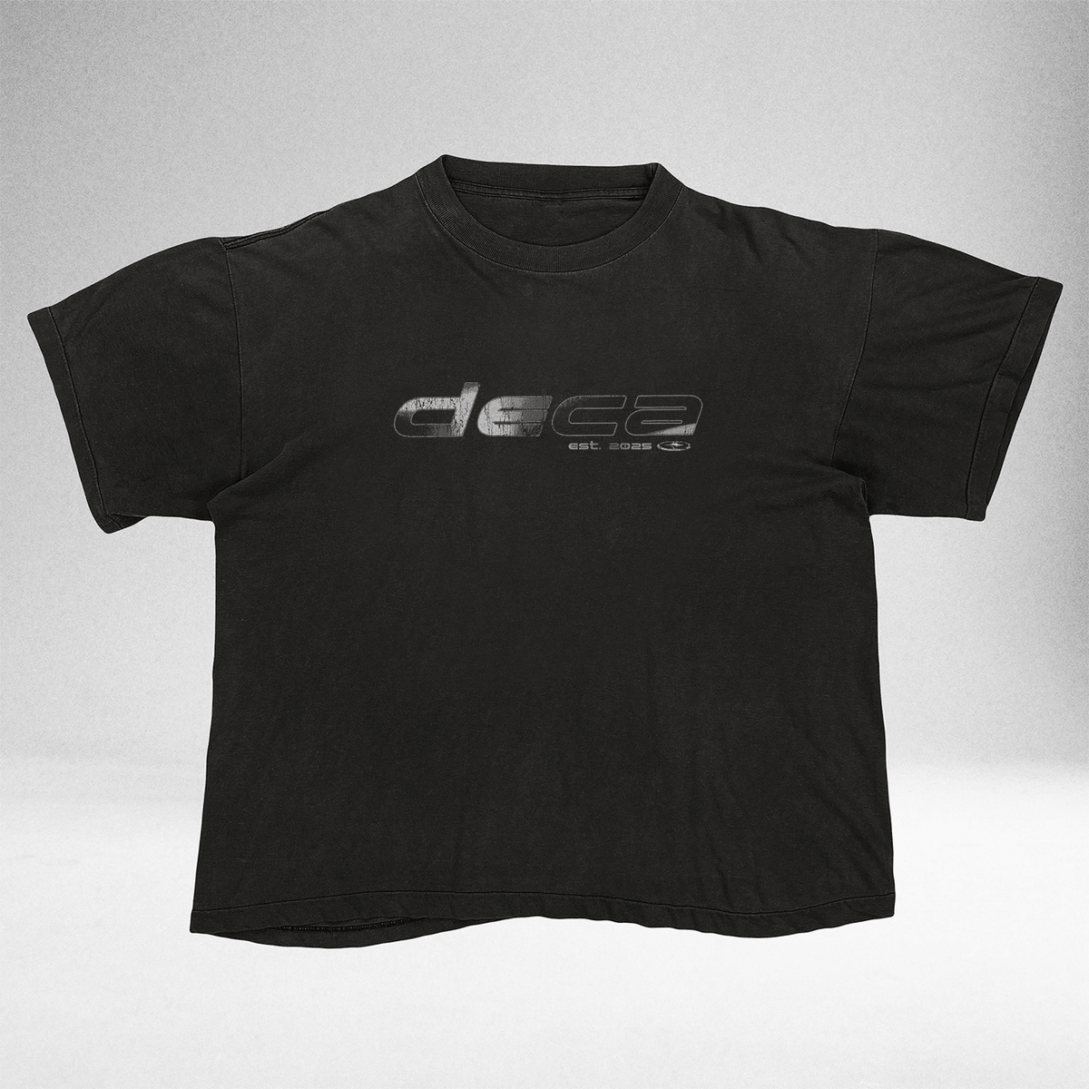 Black Silver Logo vintage tee with chrome DECA logo, front view