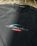 Washed black vintage tee with chrome spaceship and red ODEXA logo, flat lay