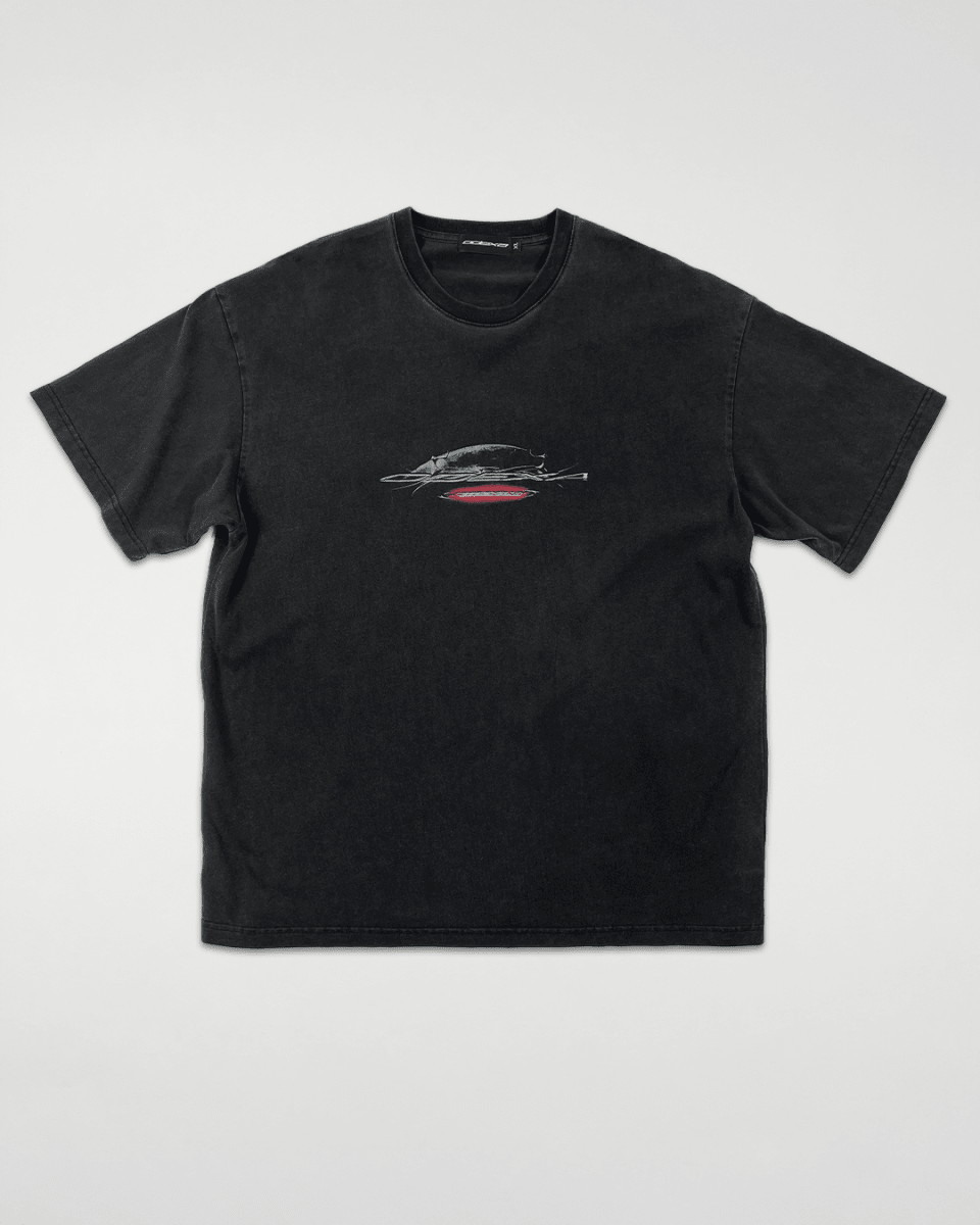 Black Space Logo vintage tee with spaceship print, front view