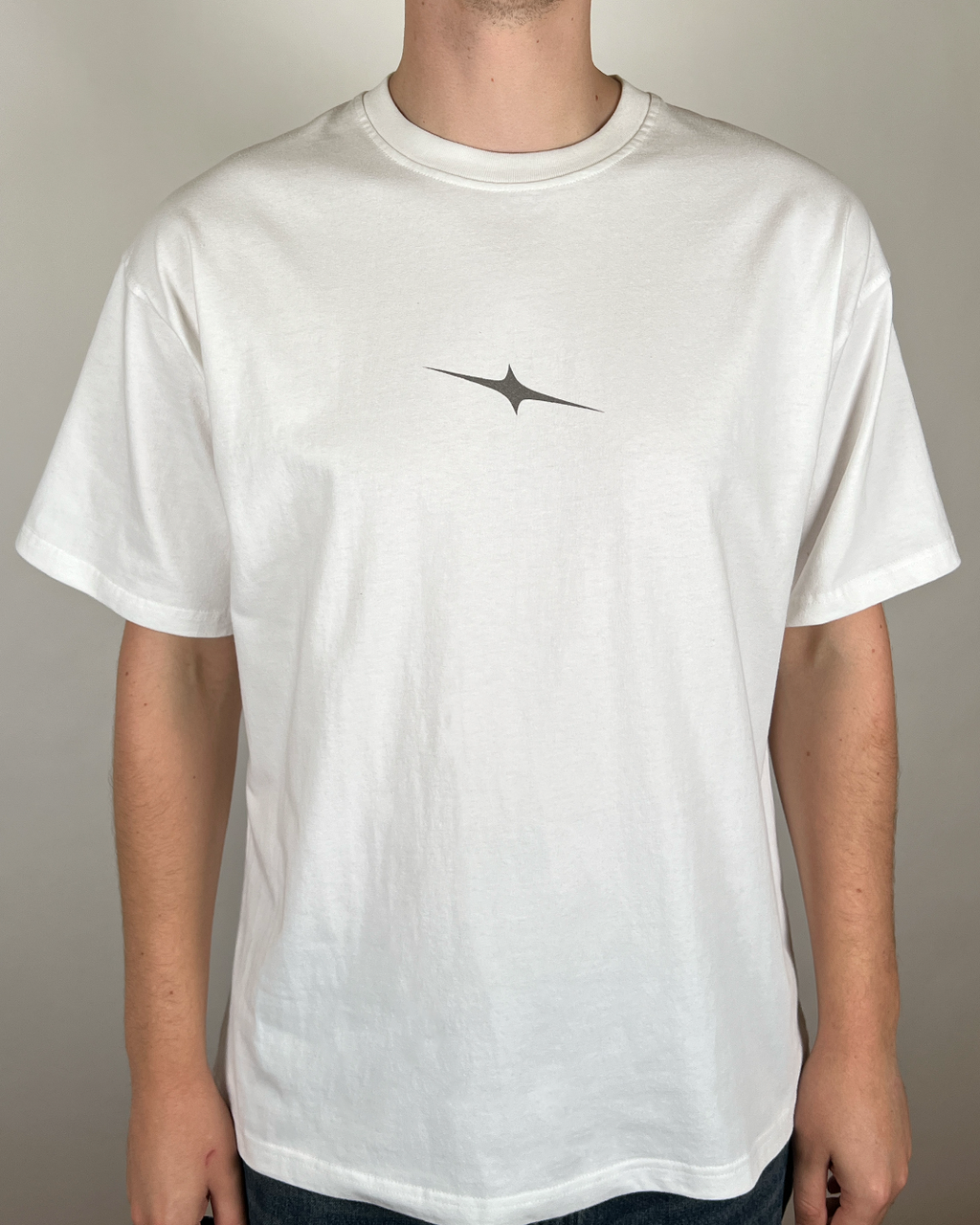 Model wearing white White Star vintage tee