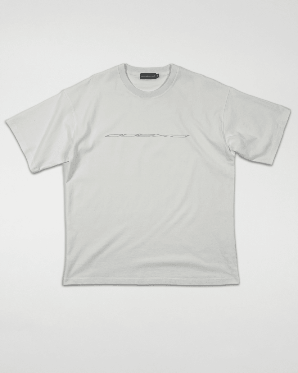 White Grey Logo vintage tee with grey logo print, front view