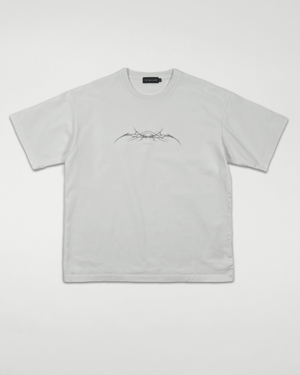 White Chrome Sigil vintage tee with black sigil print, front view